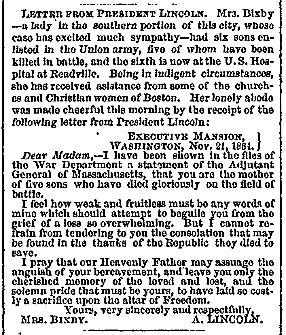 Bixby Letter - Wikipedia inside Pension Tracing Template Letters