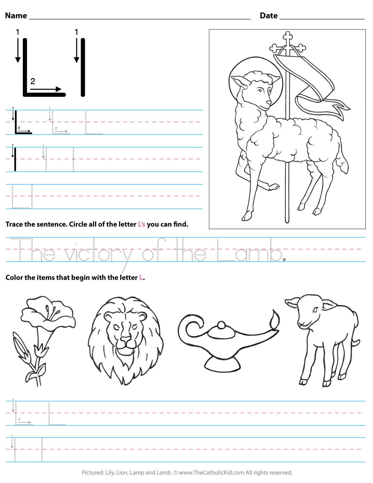 Catholic Alphabet Letter L Worksheet Preschool Kindergarten pertaining to Tracing Letter L Worksheets For Kindergarten