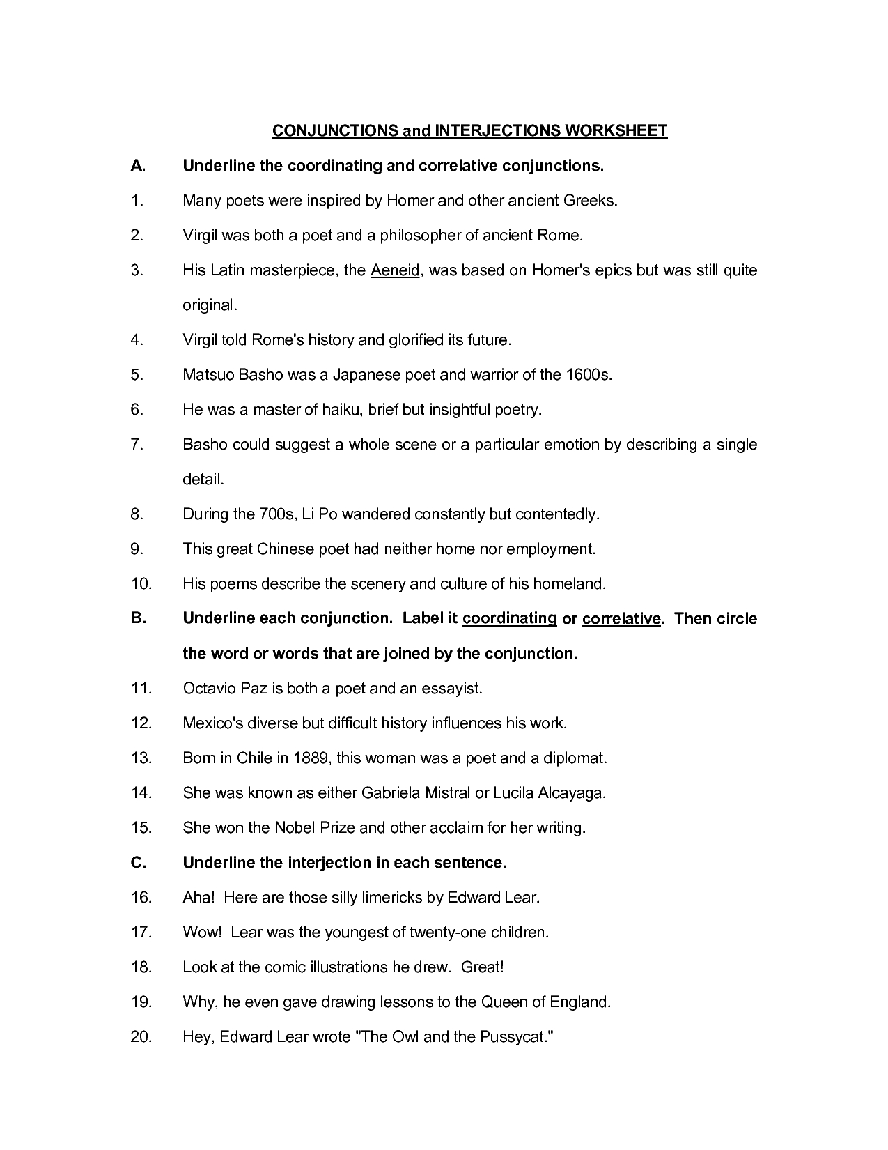 Conjunctions And Interjections Worksheet A. Underline The in Tracing Letters Worksheet Maker