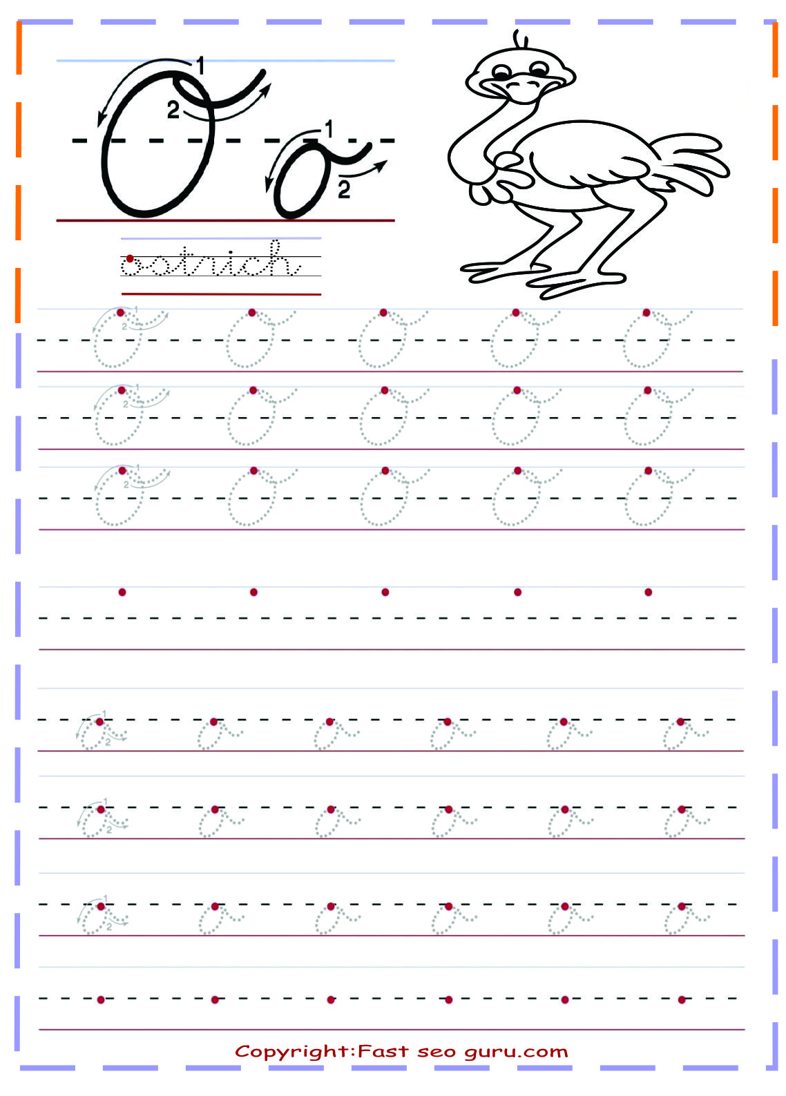 Cursive Handwriting Tracing Worksheets Letter O For Ostrich inside Letter Tracing Worksheets Cursive