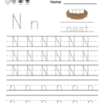 Kindergarten Letter N Writing Practice Worksheet Printable regarding Tracing Letter N Worksheets For Preschool