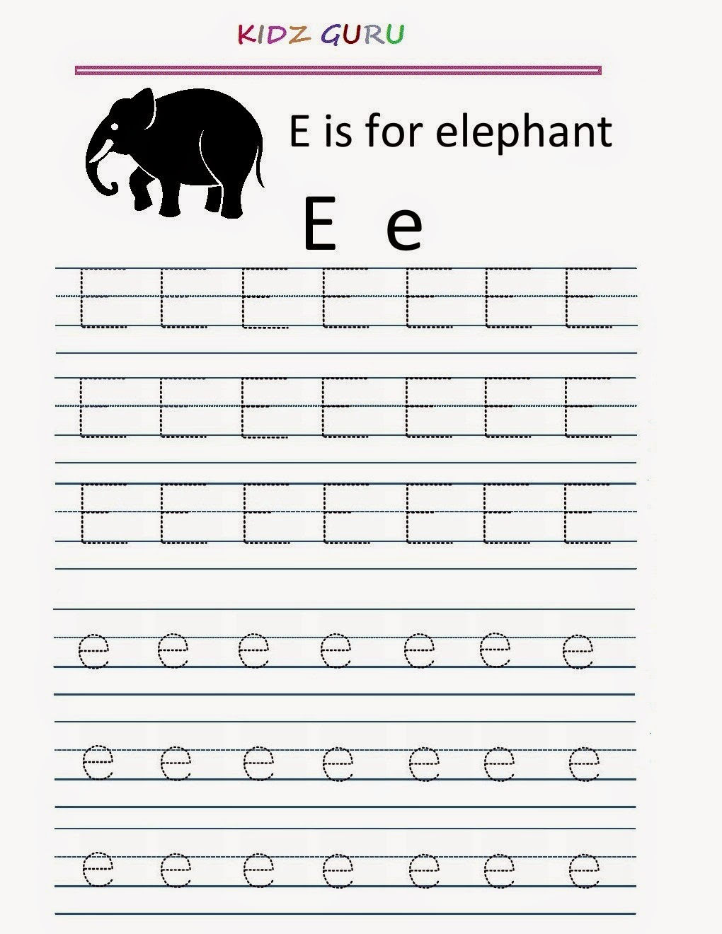 Kindergarten Worksheets: Printable Tracing Worksheet in E Letter Tracing Worksheet