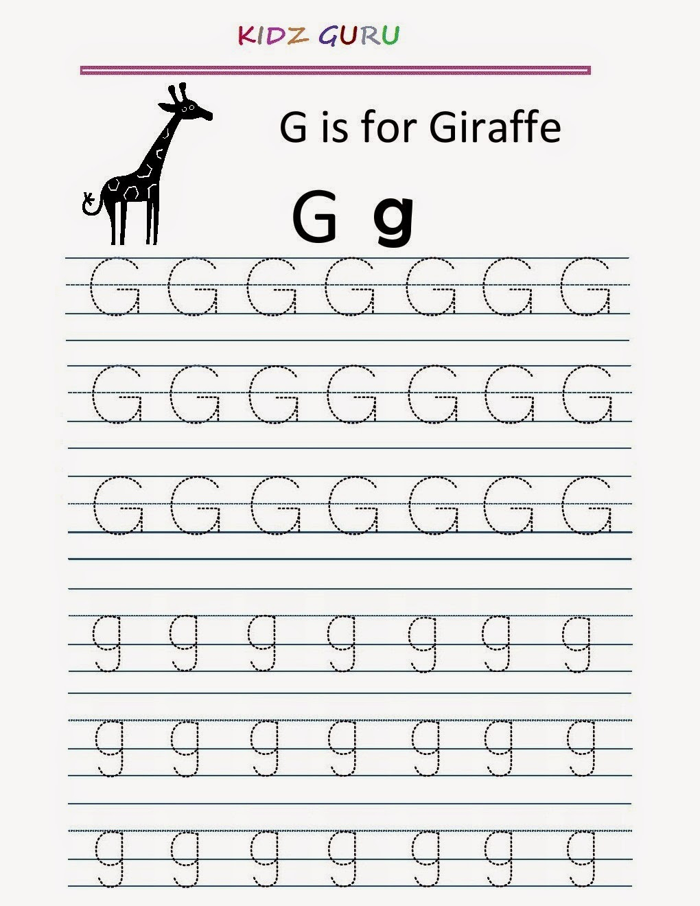 Kindergarten Worksheets: Printable Tracing Worksheet in G Letter Tracing Worksheet