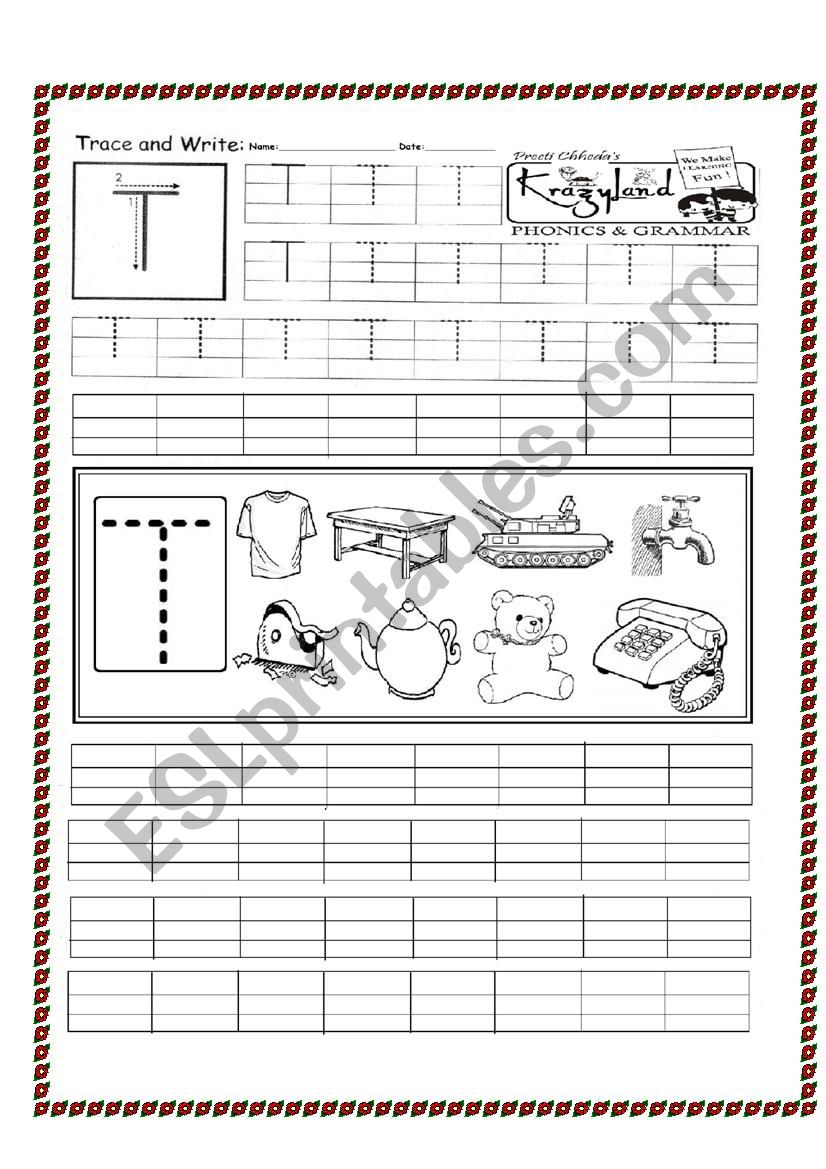 Learn And Trace Letter T - Esl Worksheetpreetichheda in Tracing Letter T Worksheets