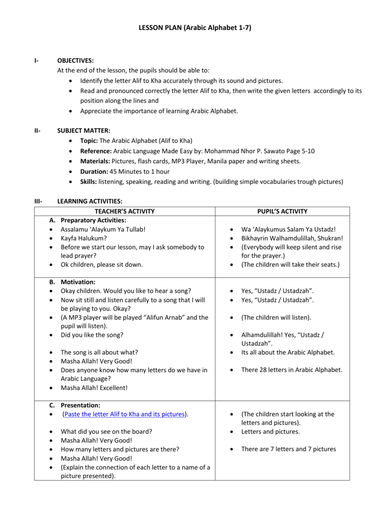 Lesson Plan (Arabic Alphabet 1-7) pertaining to Tracing Letters Lesson Plan