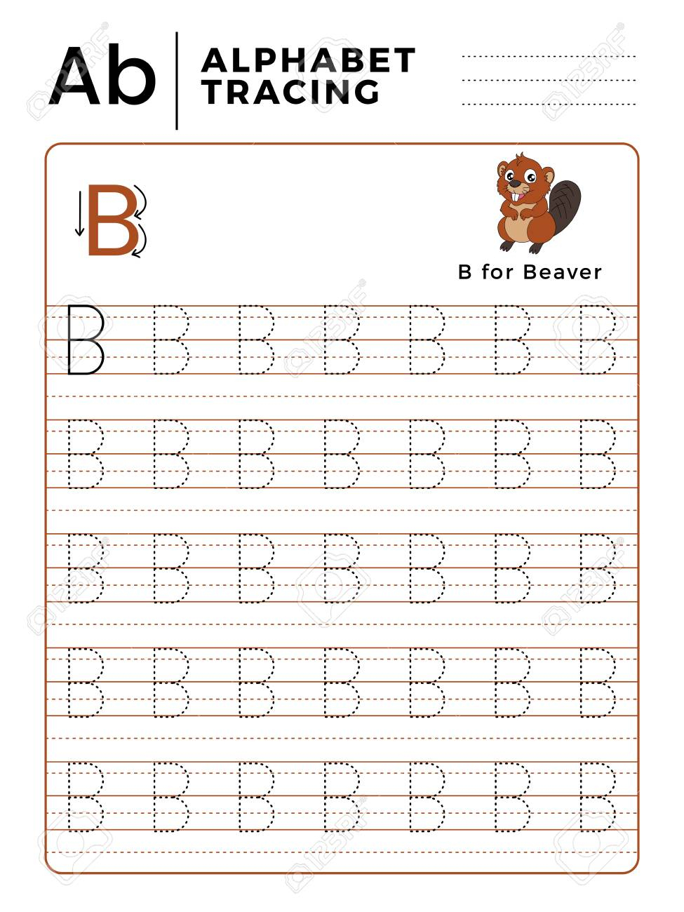 Letter B Alphabet Tracing Book With Example And Funny Beaver.. in Trace Letter B Worksheets Preschool