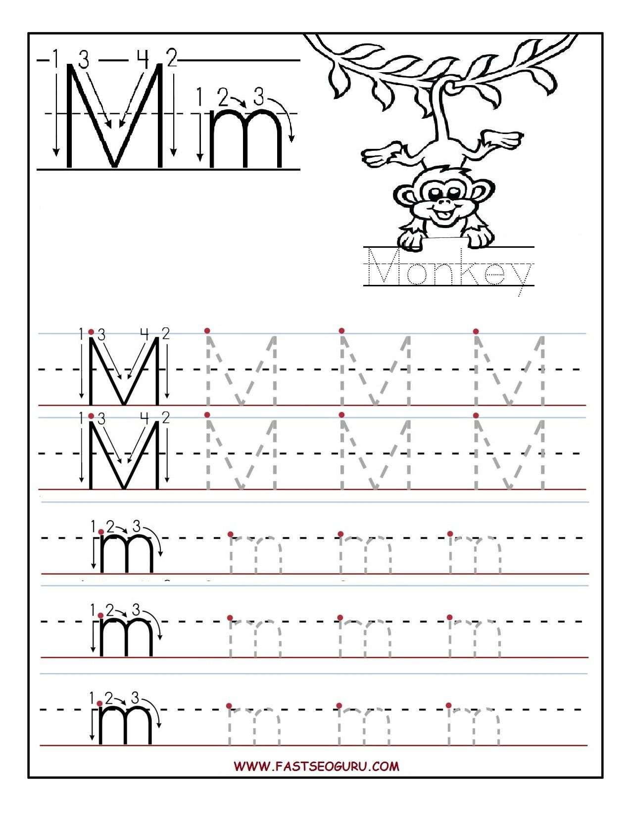 Printable Letter M Tracing Worksheets For Preschool for Trace Letters Worksheet For Grade 1