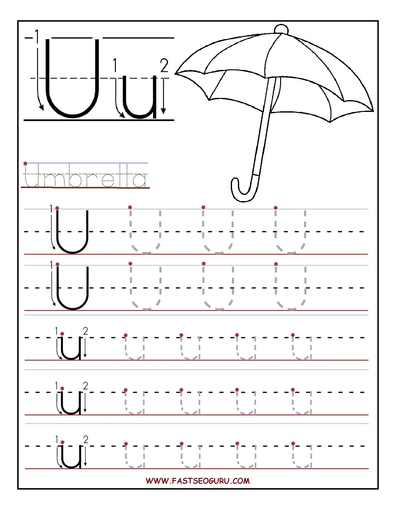 Printable Letter U Tracing Worksheets For Preschool in Tracing Letter U Worksheets