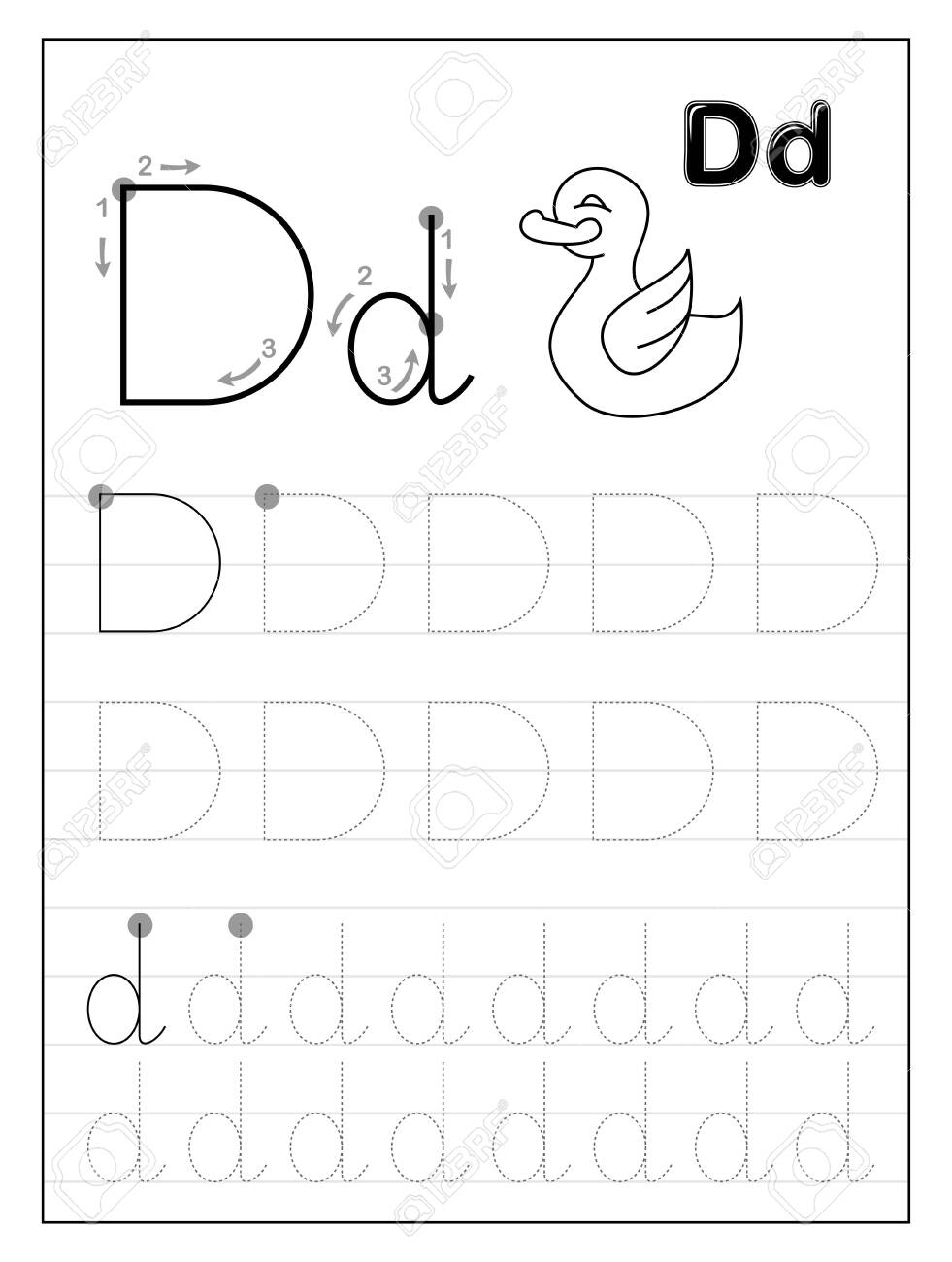 Tracing Alphabet Letter D. Black And White Educational Pages.. in Tracing Letters For Kids