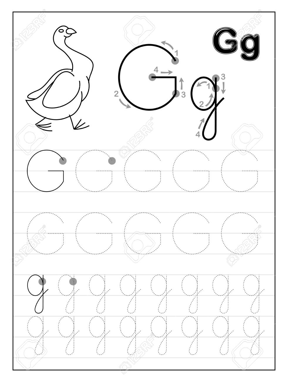 Tracing Alphabet Letter G. Black And White Educational Pages.. in Tracing Letter G Worksheets