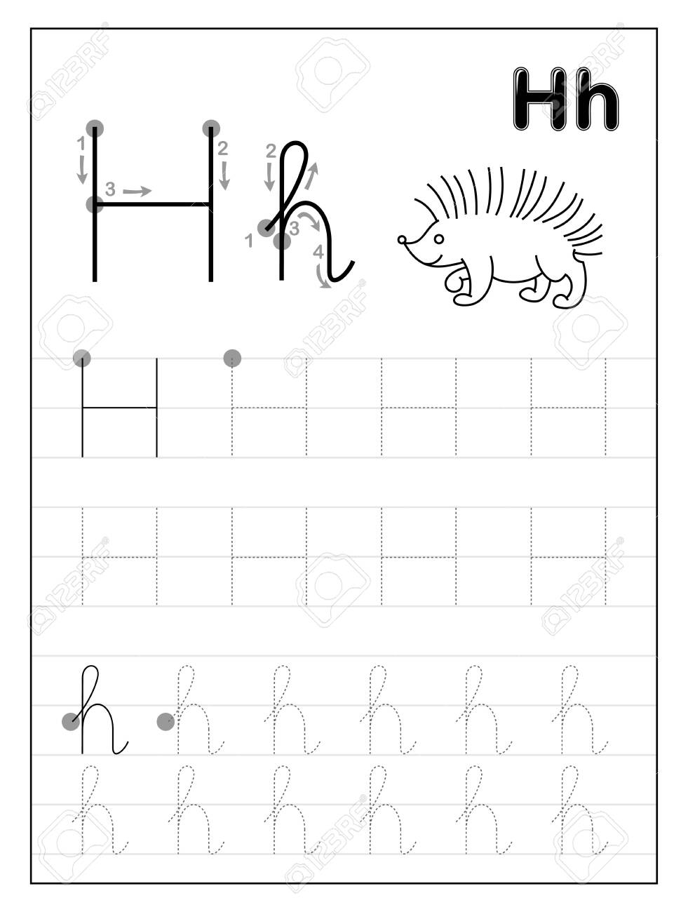 Tracing Alphabet Letter H. Black And White Educational Pages.. in Tracing Letter H Worksheets