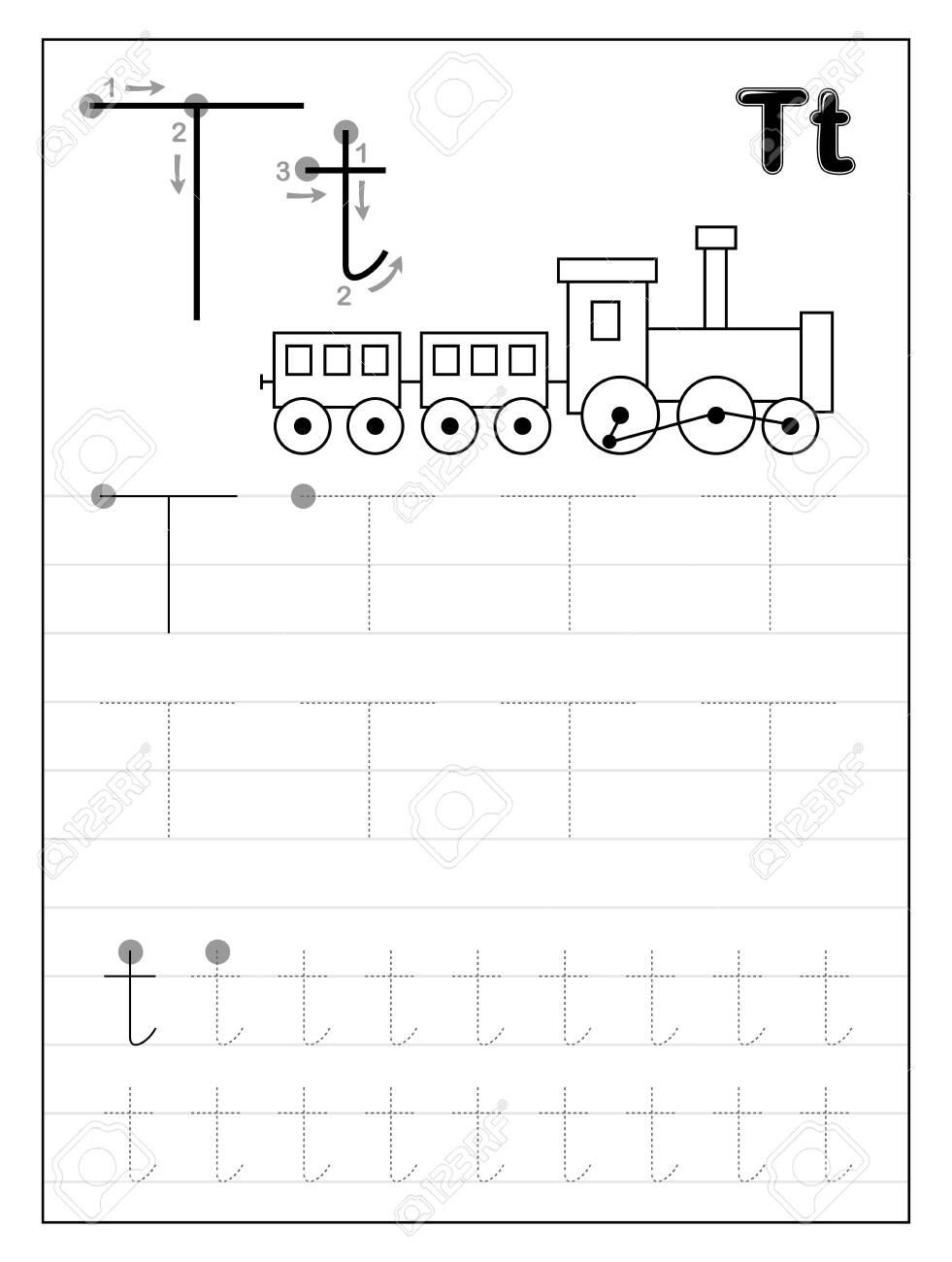 Tracing Alphabet Letter T. Black And White Educational Pages.. with Letter T Tracing Worksheet
