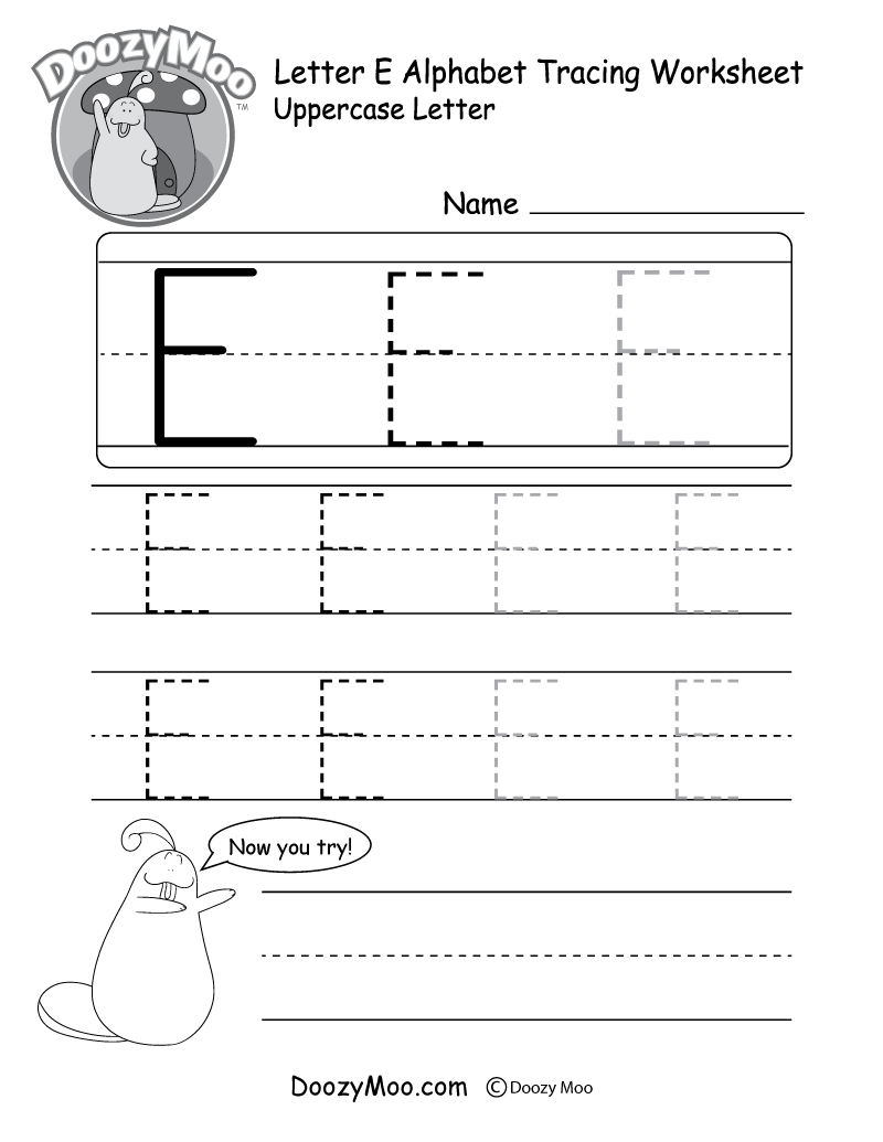 Uppercase Letter E Tracing Worksheet - Doozy Moo within Letter E Tracing Worksheets