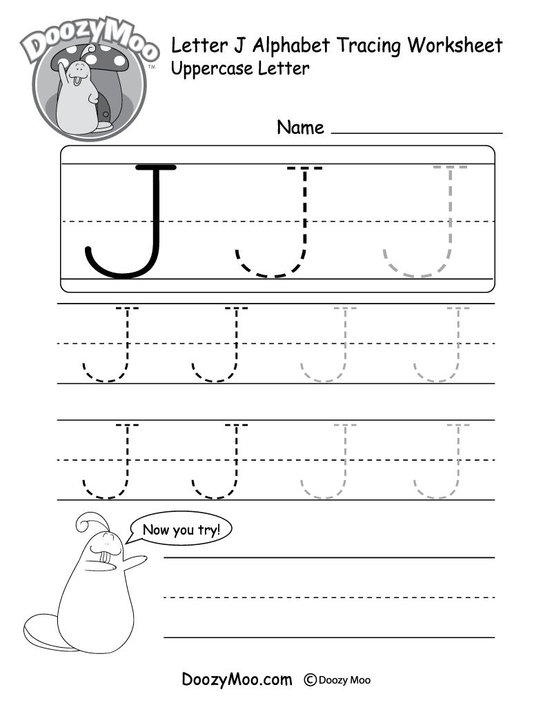 Uppercase Letter J Tracing Worksheet - Doozy Moo throughout Tracing Letter J Worksheets