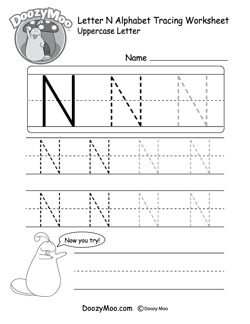 Uppercase Letter N Tracing Worksheet - Doozy Moo throughout Tracing Letter N Worksheets