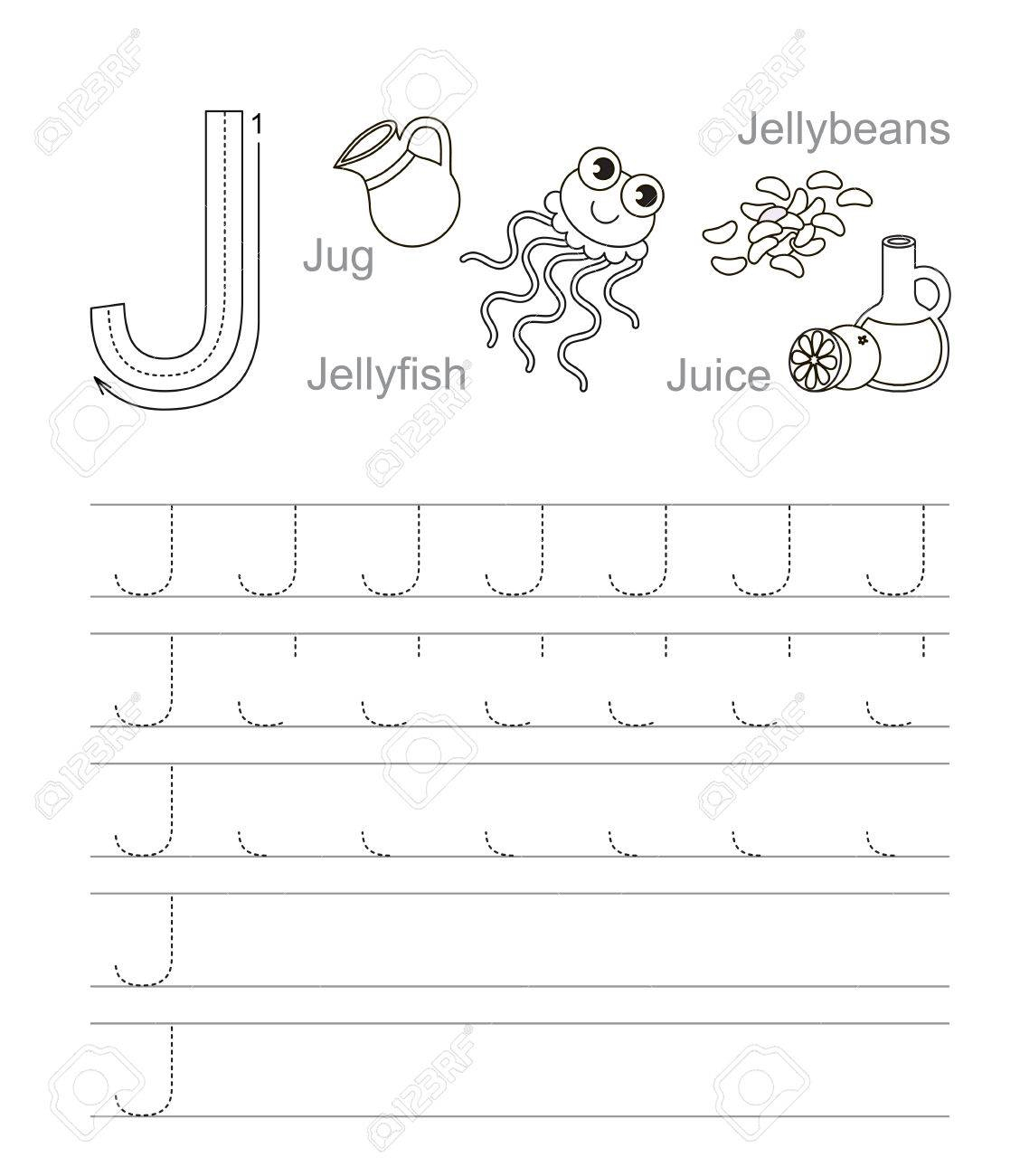 Vector Exercise Illustrated Alphabet. Learn Handwriting. Tracing.. regarding Tracing Letter J Worksheets