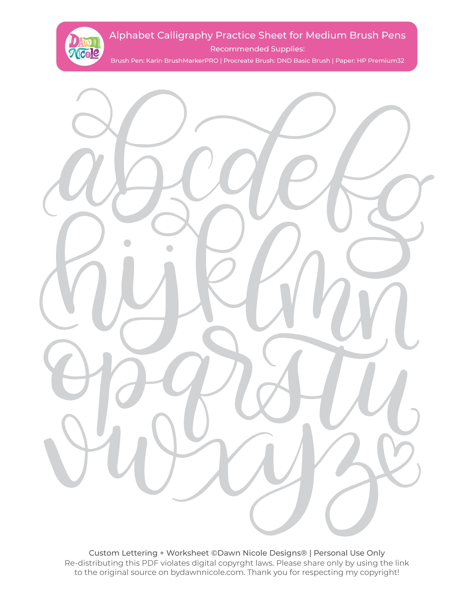 Alphabet Calligraphy Free Practice Sheets | Dawn Nicole