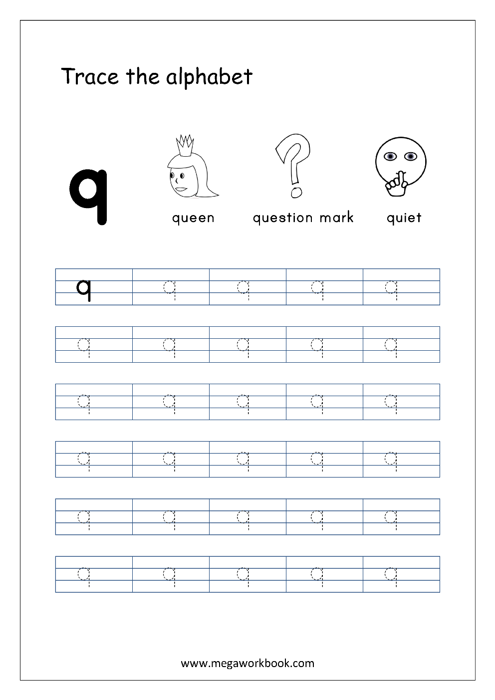 Alphabet Tracing In 4 Lines- Q (Small Letter Tracing