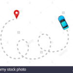 Blue Car With Gray Track Trace And Red Gps Mark Isolated On
