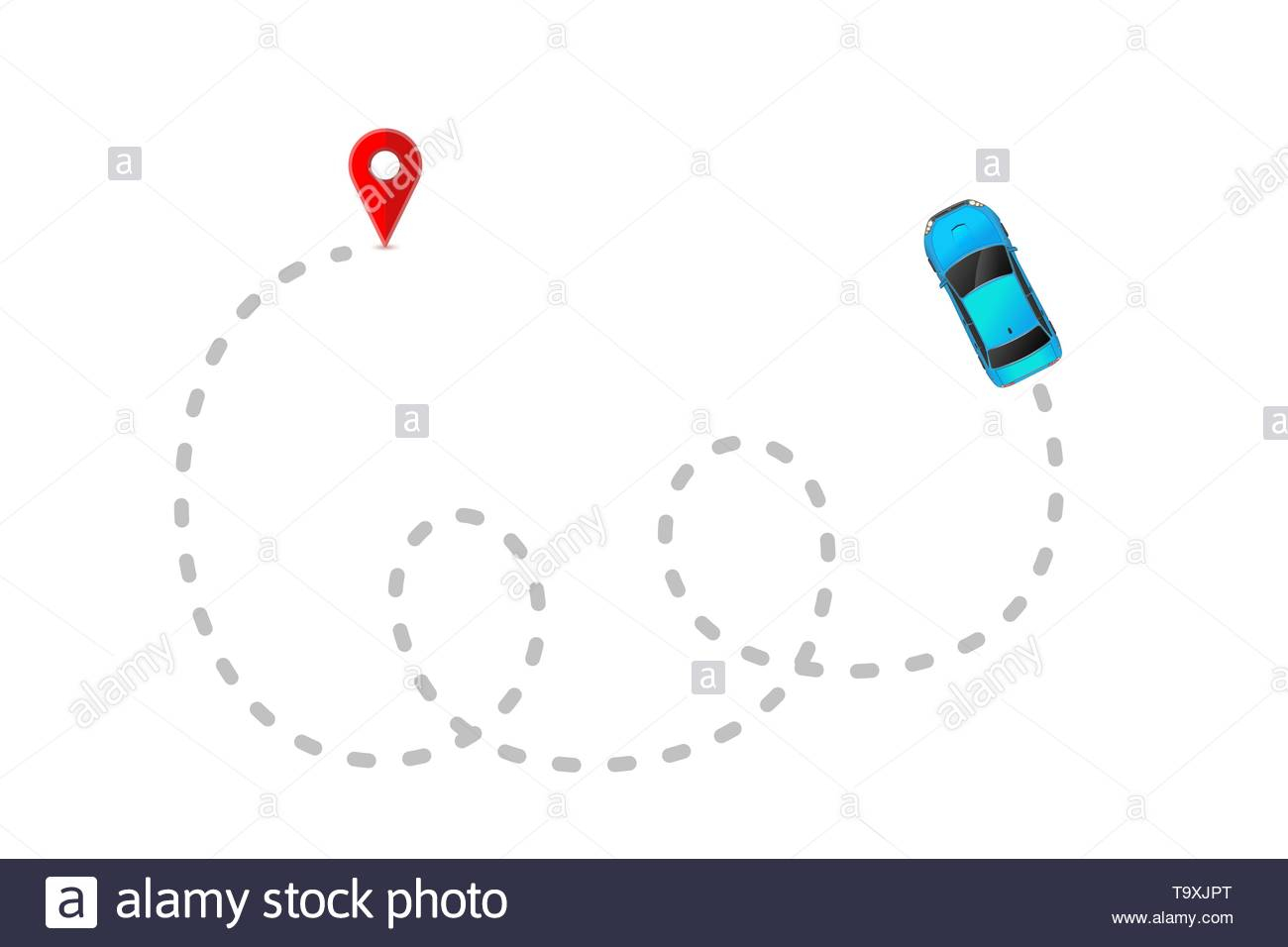 Blue Car With Gray Track Trace And Red Gps Mark Isolated On