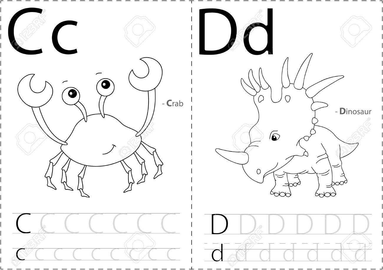 Cartoon Crab And Dinosaur. Alphabet Tracing Worksheet: Writing..