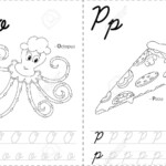 Cartoon Octopus And Pizza. Alphabet Tracing Worksheet: Writing..