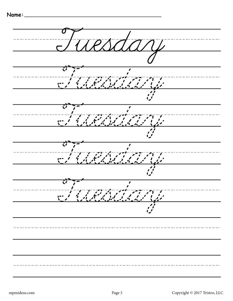 Cursive Handwriting Worksheets Days Of The Week Supplyme