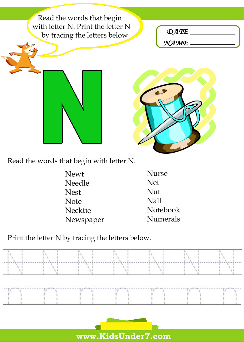 Kids Under 7: Alphabet Worksheets.trace And Print Letter N