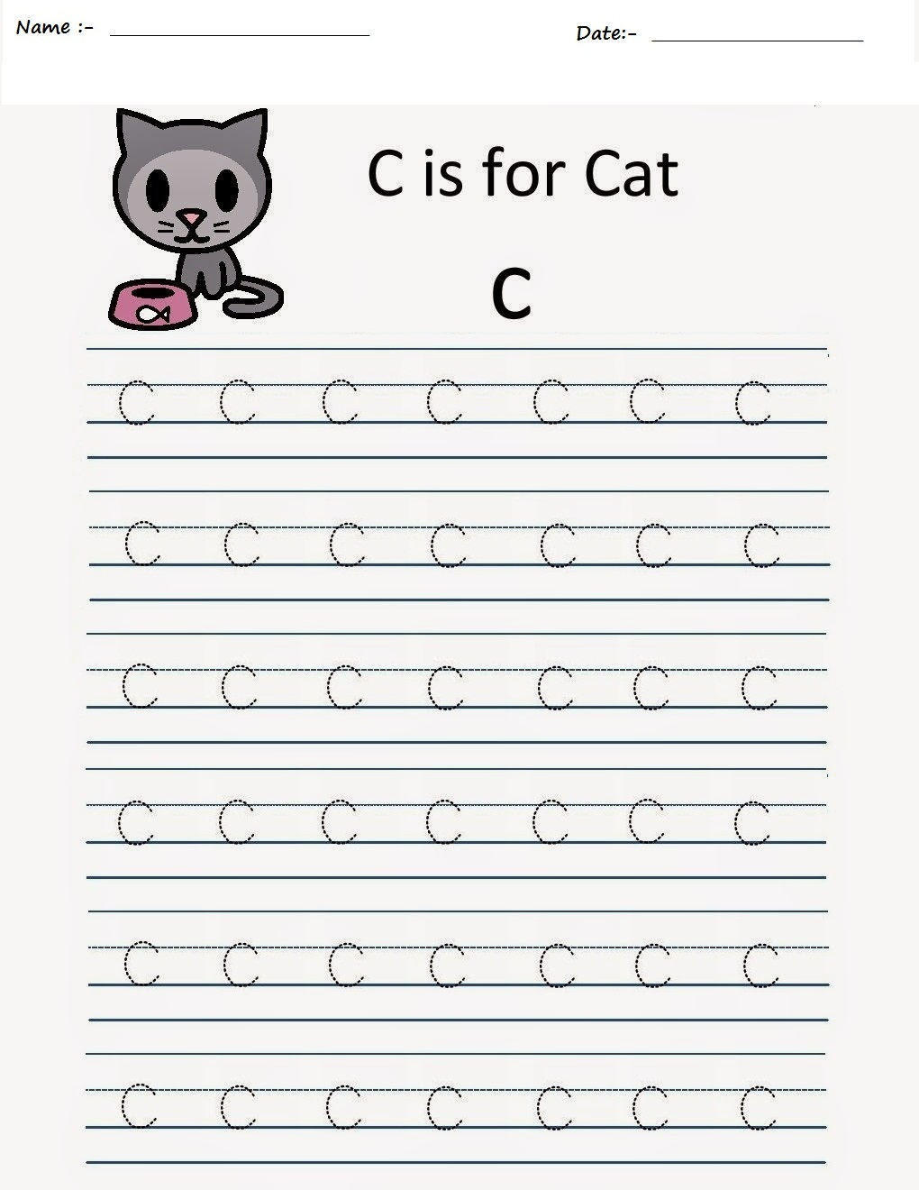 Kindergarten Worksheets: Alphabet Tracing Worksheets - C