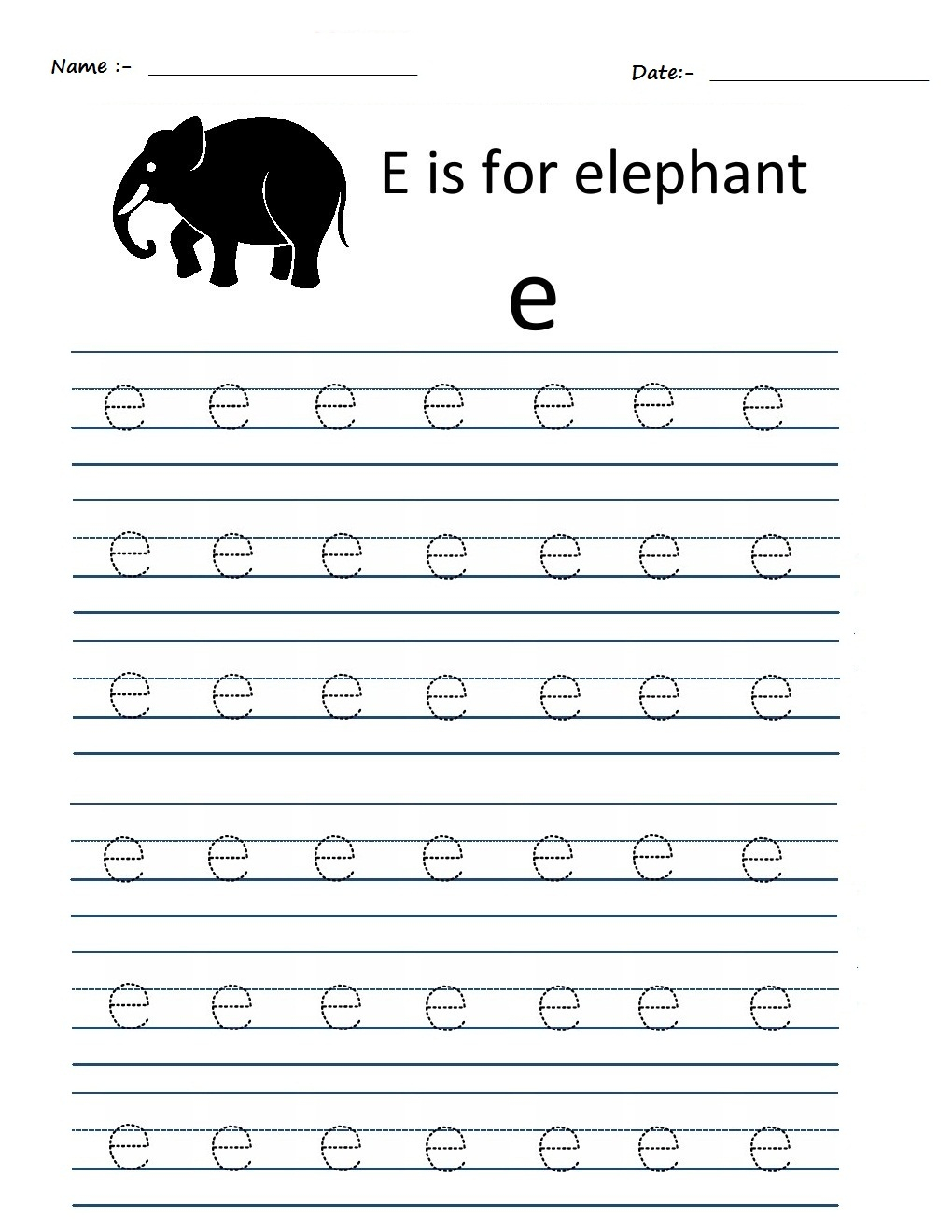 Kindergarten Worksheets: Alphabet Tracing Worksheets - E