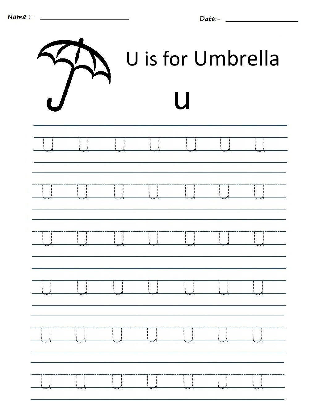 Kindergarten Worksheets: Alphabet Tracing Worksheets - U