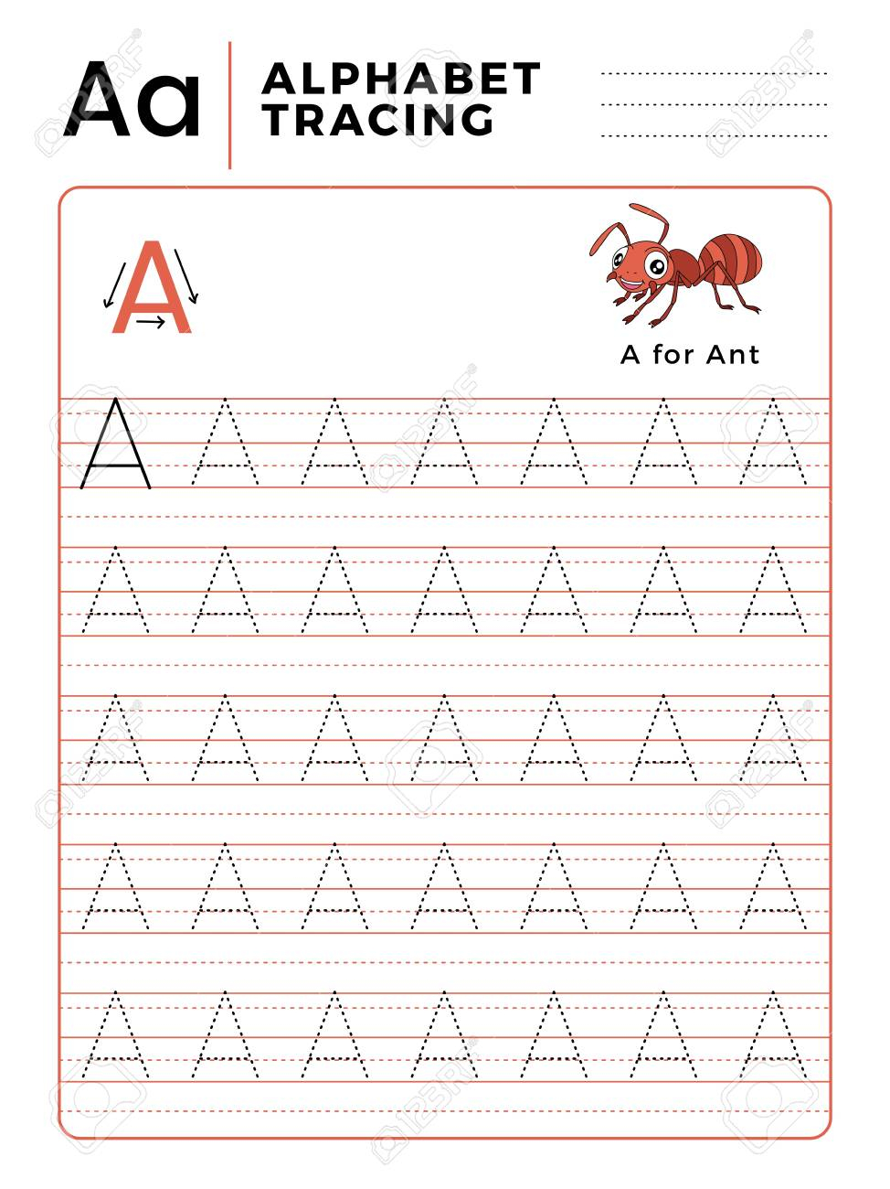 Letter A Alphabet Tracing Book With Example And Funny Ant Insect..