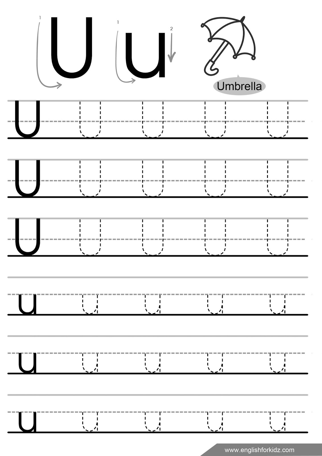 Letter Tracing Worksheets (Letters U - Z)