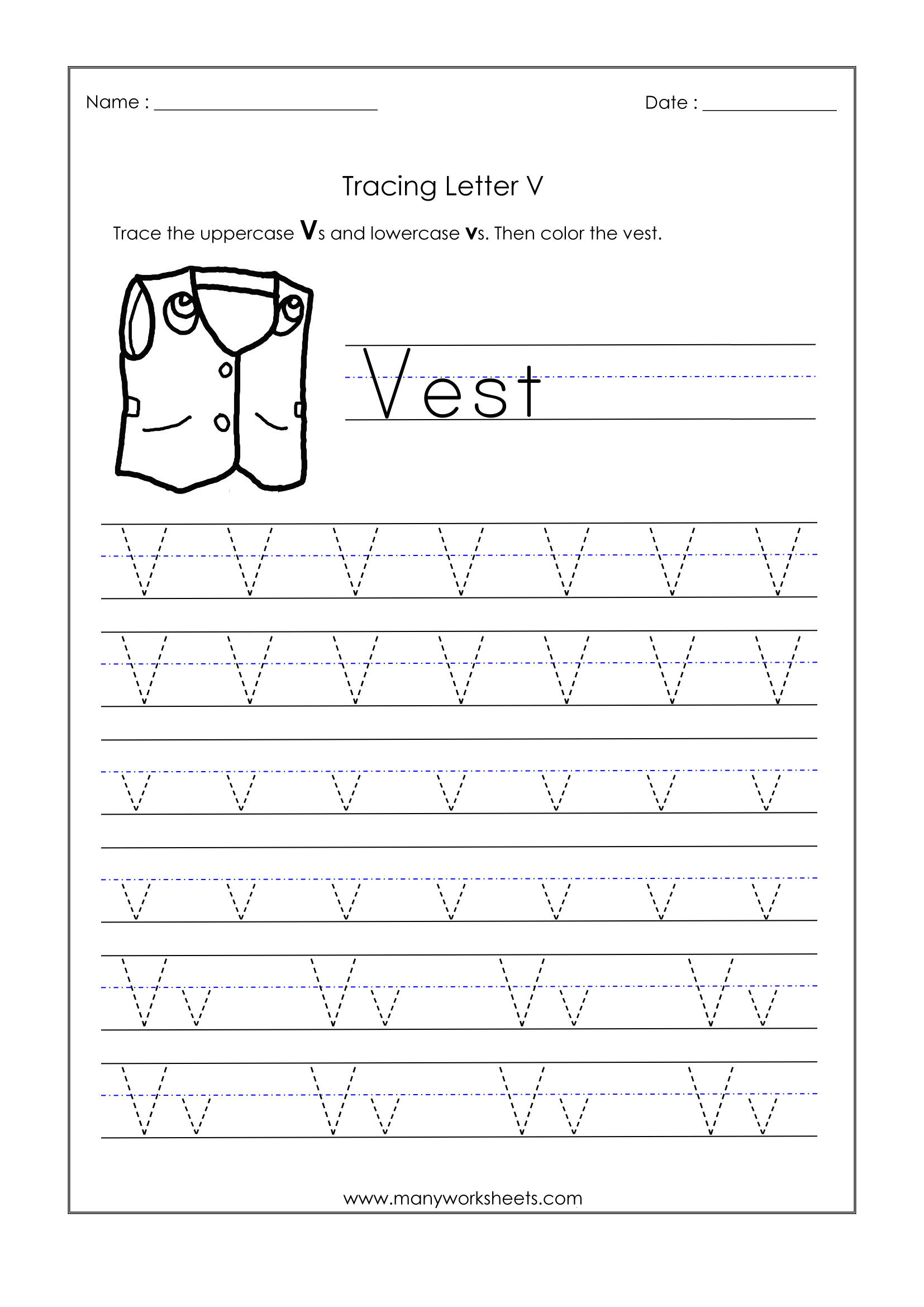 Letter V Worksheets For Kindergarten – Trace Dotted Letters