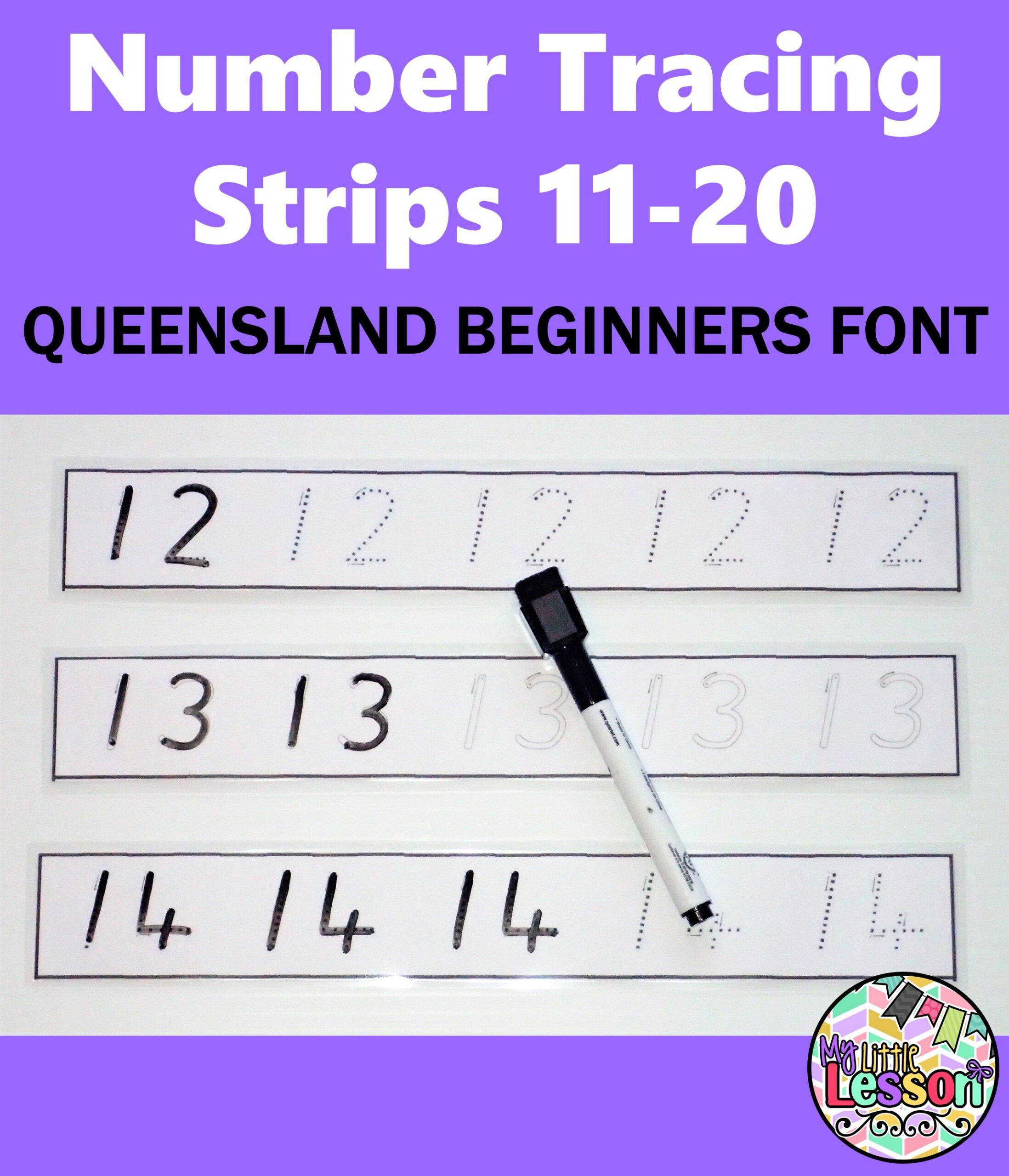 Number Tracing Strips 11-20 Qld Beginners Font | Teaching