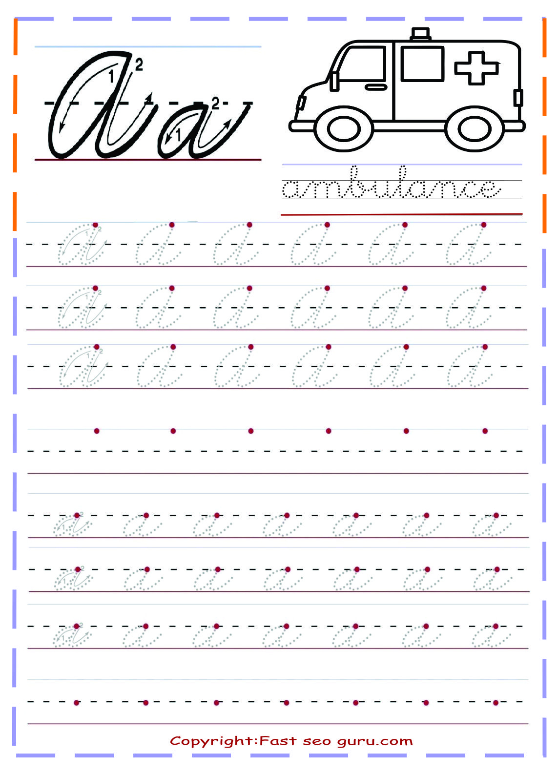 Printable Cursive Handwriting Practice Sheets Letter A