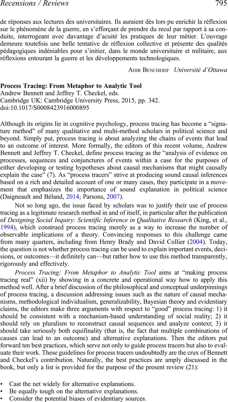 Process Tracing: From Metaphor To Analytic Tool Andrew