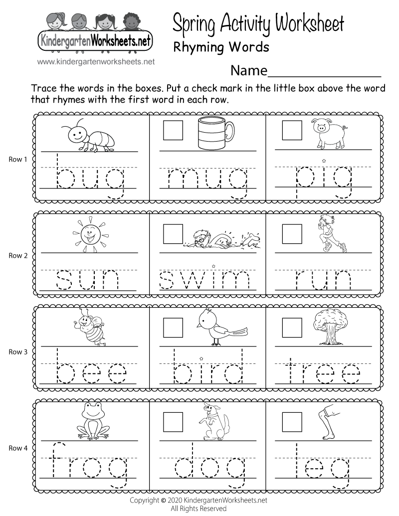 Spring Rhyming Words Activity Worksheet For Kindergarten