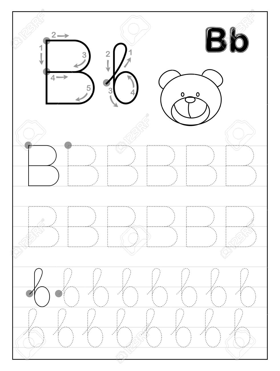 Tracing Alphabet Letter B. Black And White Educational Pages..