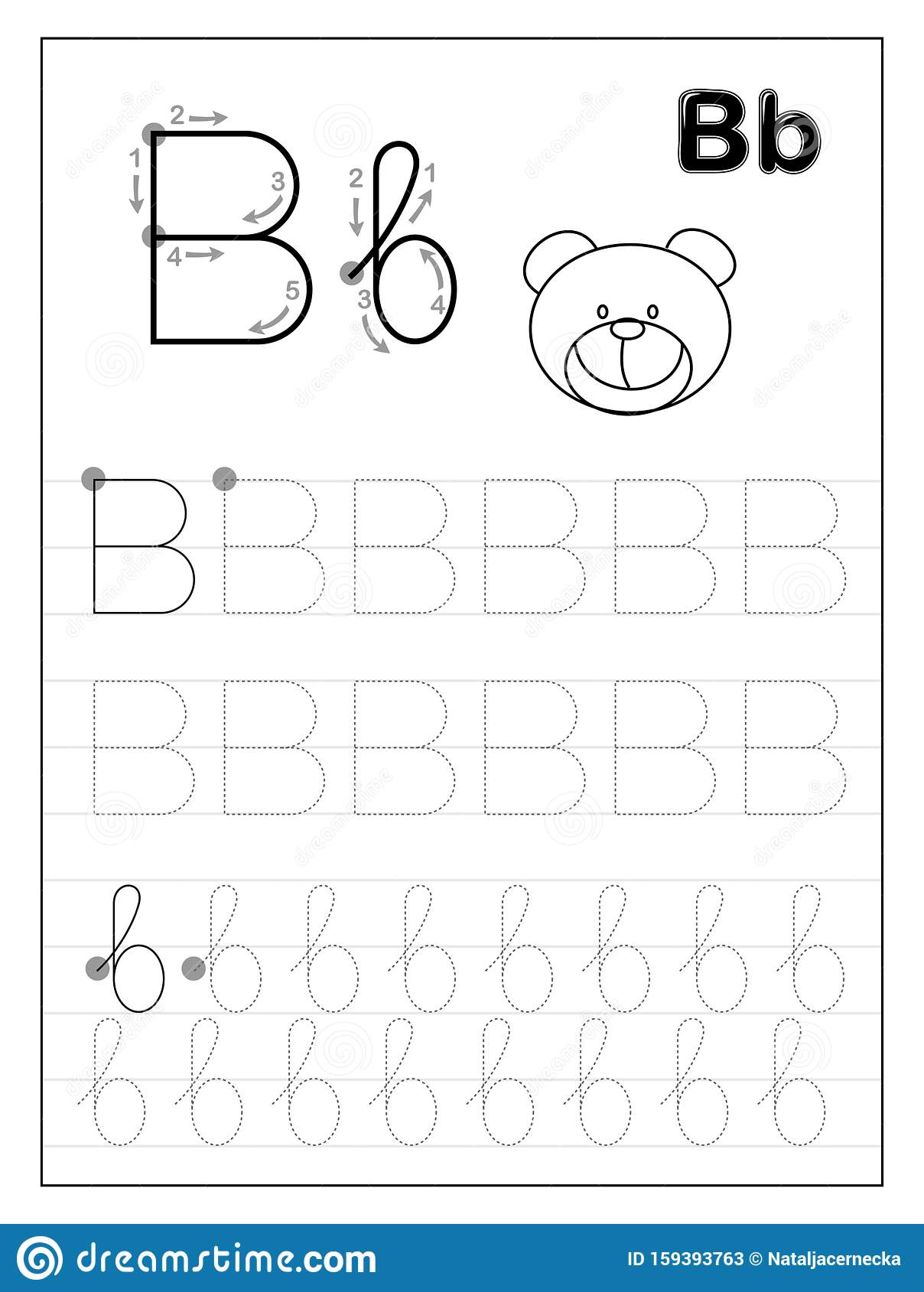 Tracing Alphabet Letter B. Black And White Educational Pages