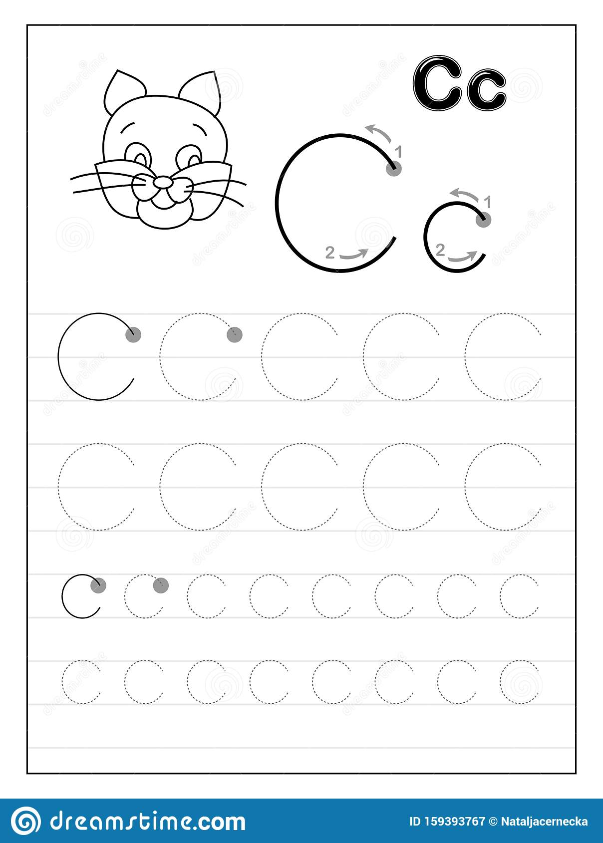 Tracing Alphabet Letter C. Black And White Educational Pages