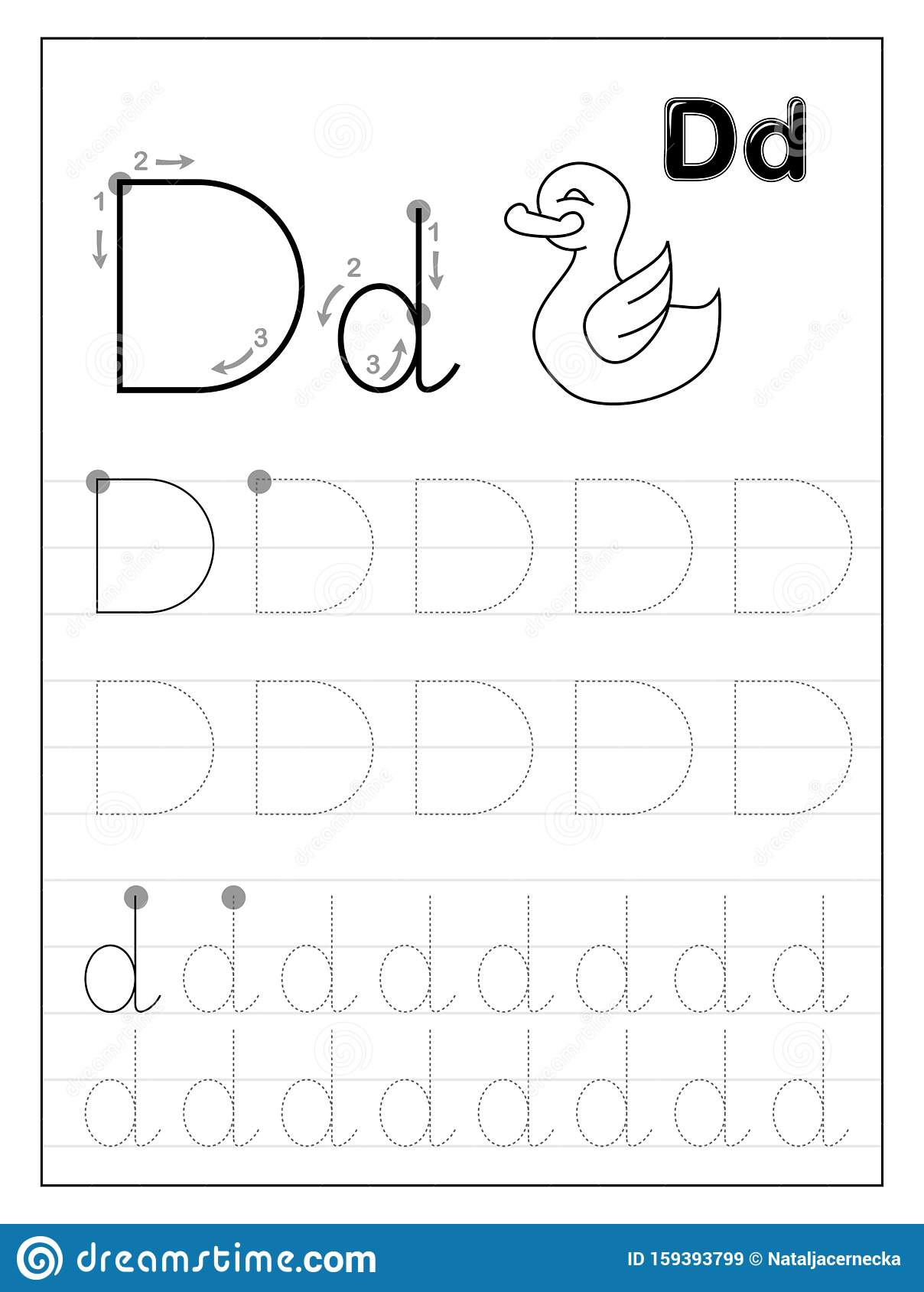 Tracing Alphabet Letter D. Black And White Educational Pages