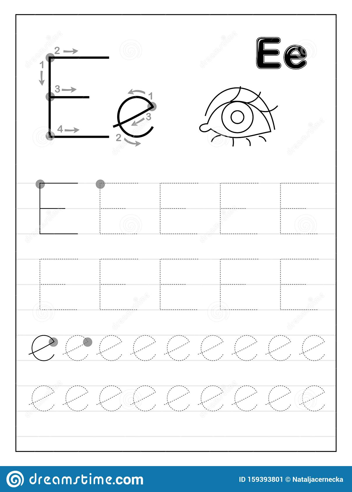 Tracing Alphabet Letter E. Black And White Educational Pages