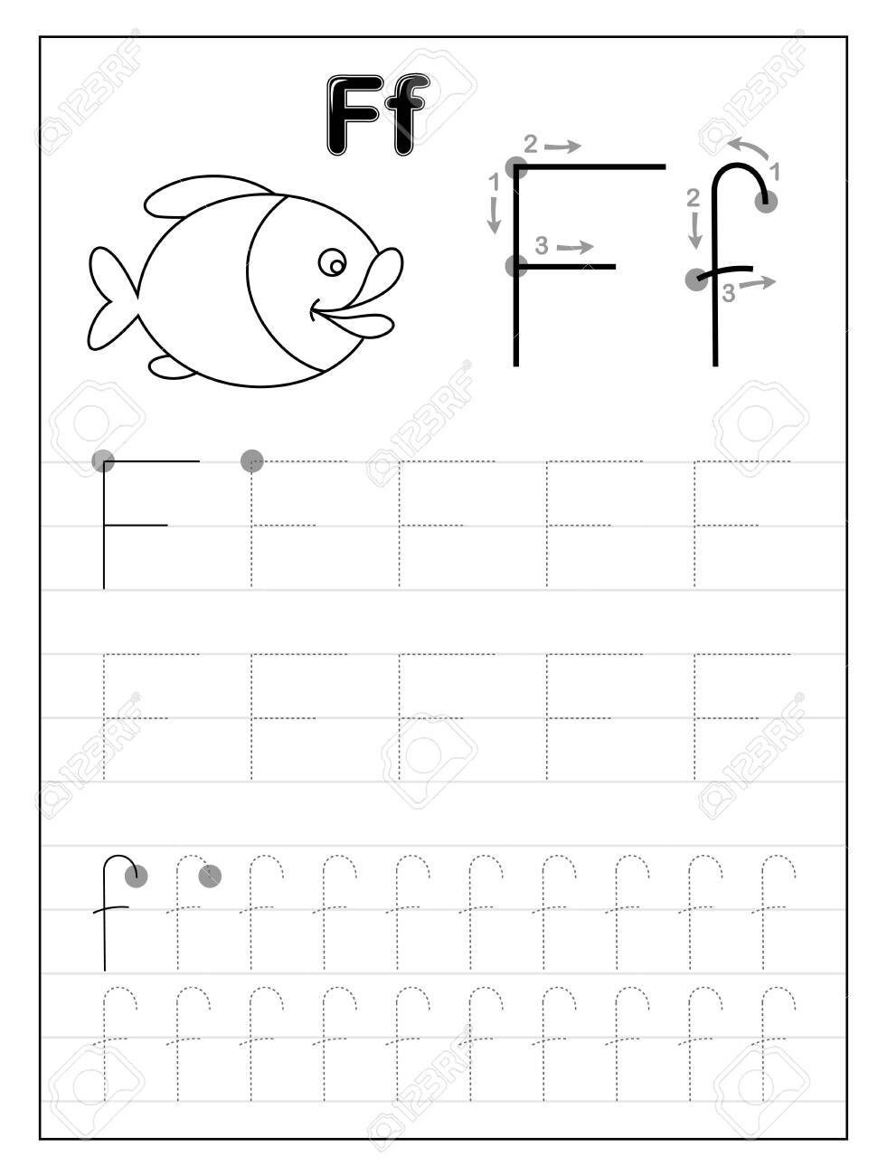 Tracing Alphabet Letter F. Black And White Educational Pages..