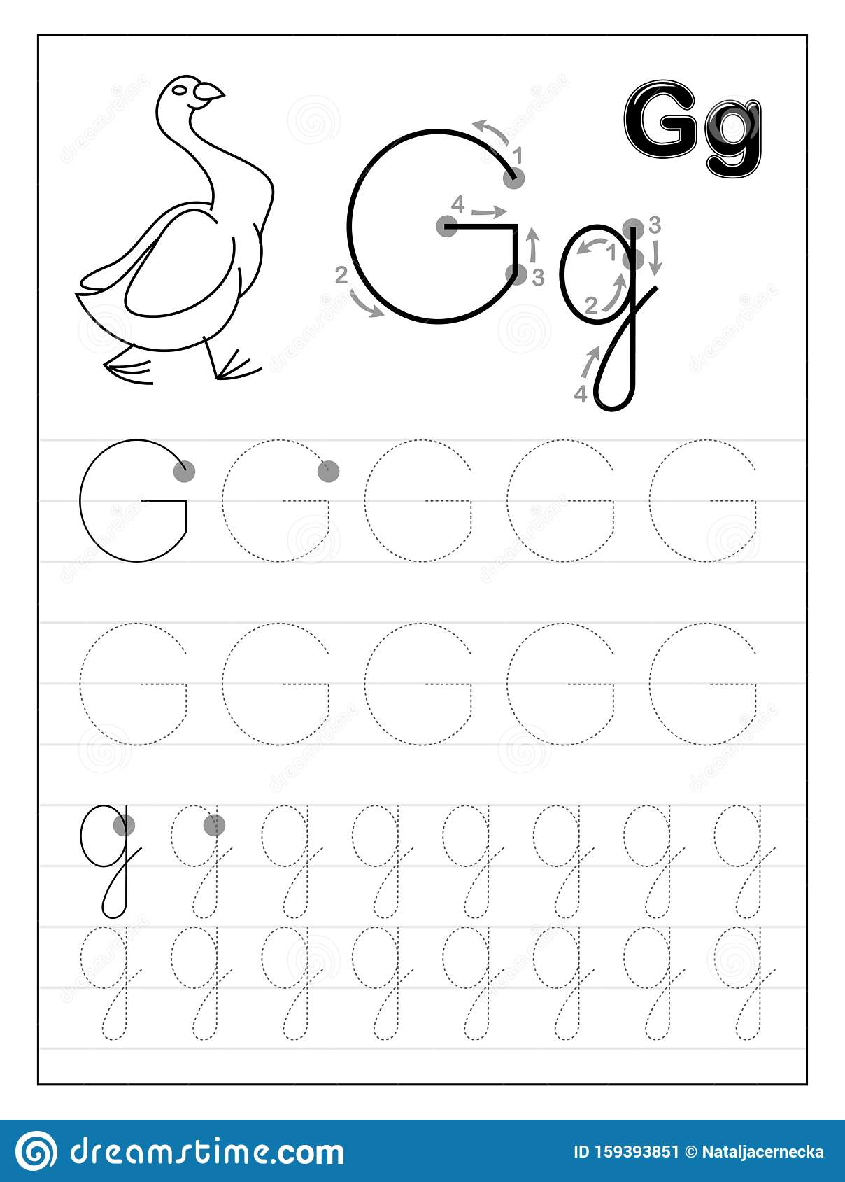 Tracing Alphabet Letter G. Black And White Educational Pages