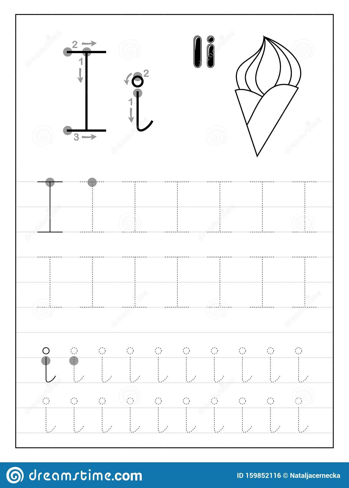 Tracing Alphabet Letter I. Black And White Educational Pages