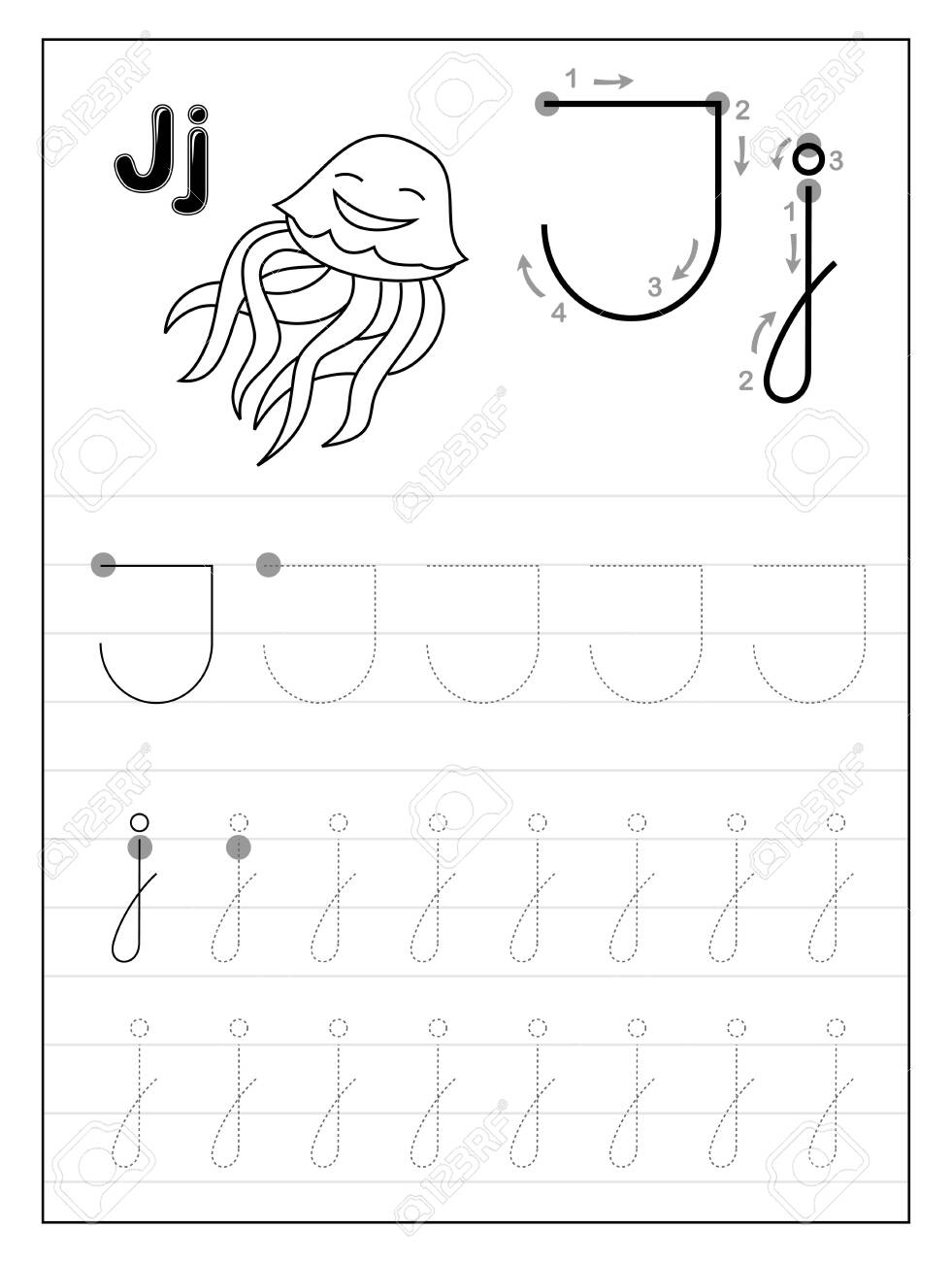 Tracing Alphabet Letter J. Black And White Educational Pages..