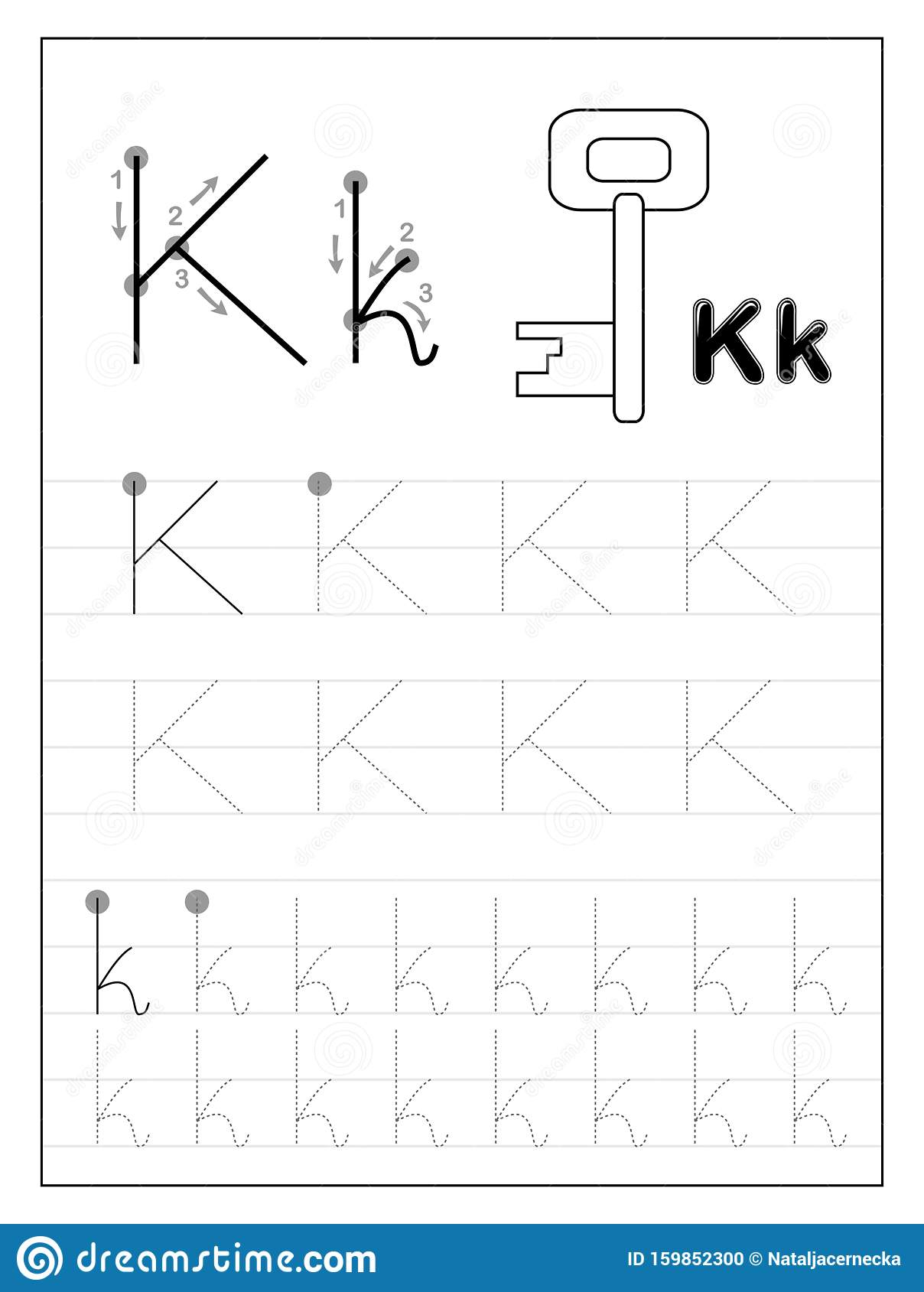 Tracing Alphabet Letter K. Black And White Educational Pages