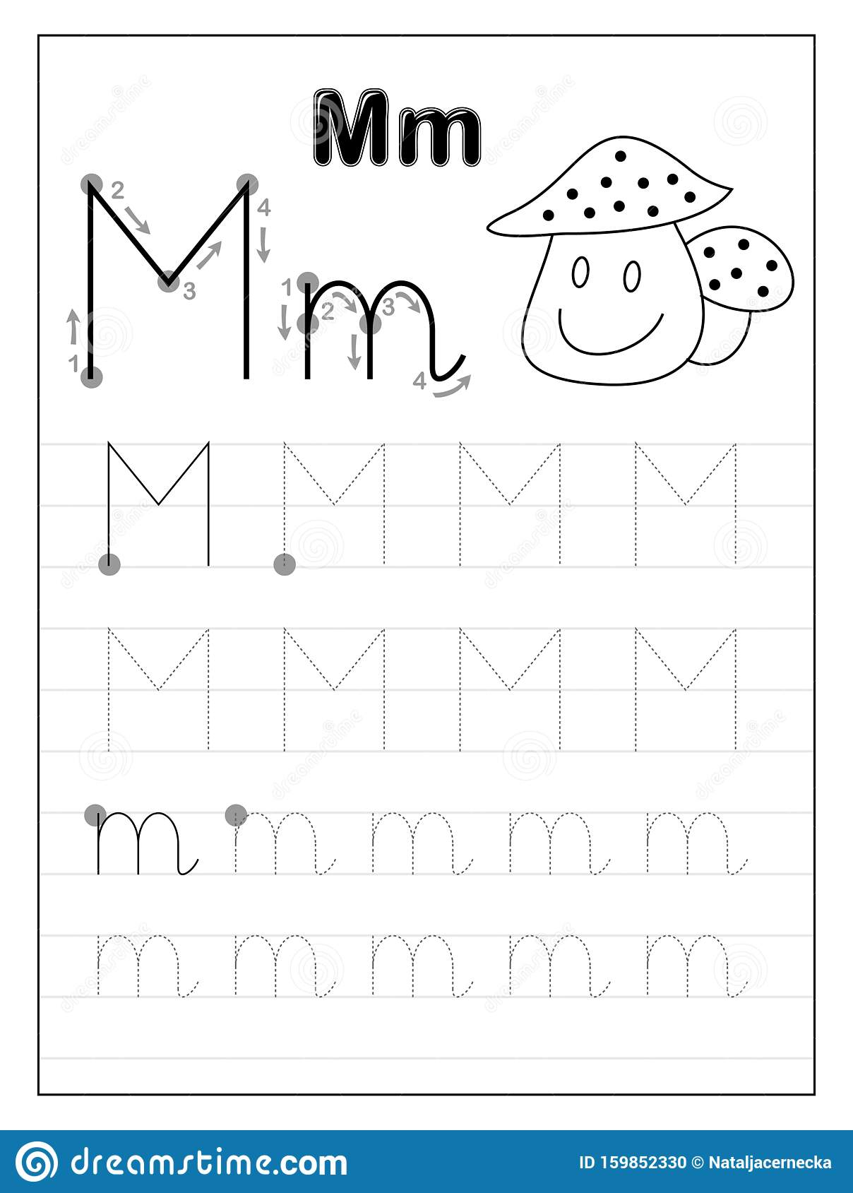 Tracing Alphabet Letter M. Black And White Educational Pages