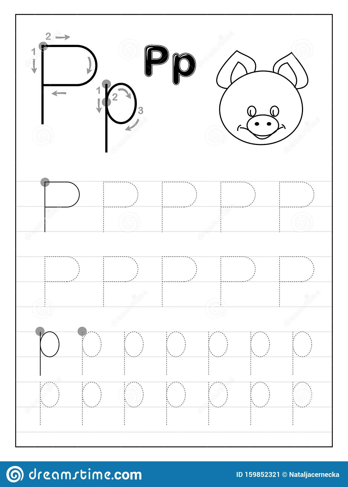 Tracing Alphabet Letter P. Black And White Educational Pages
